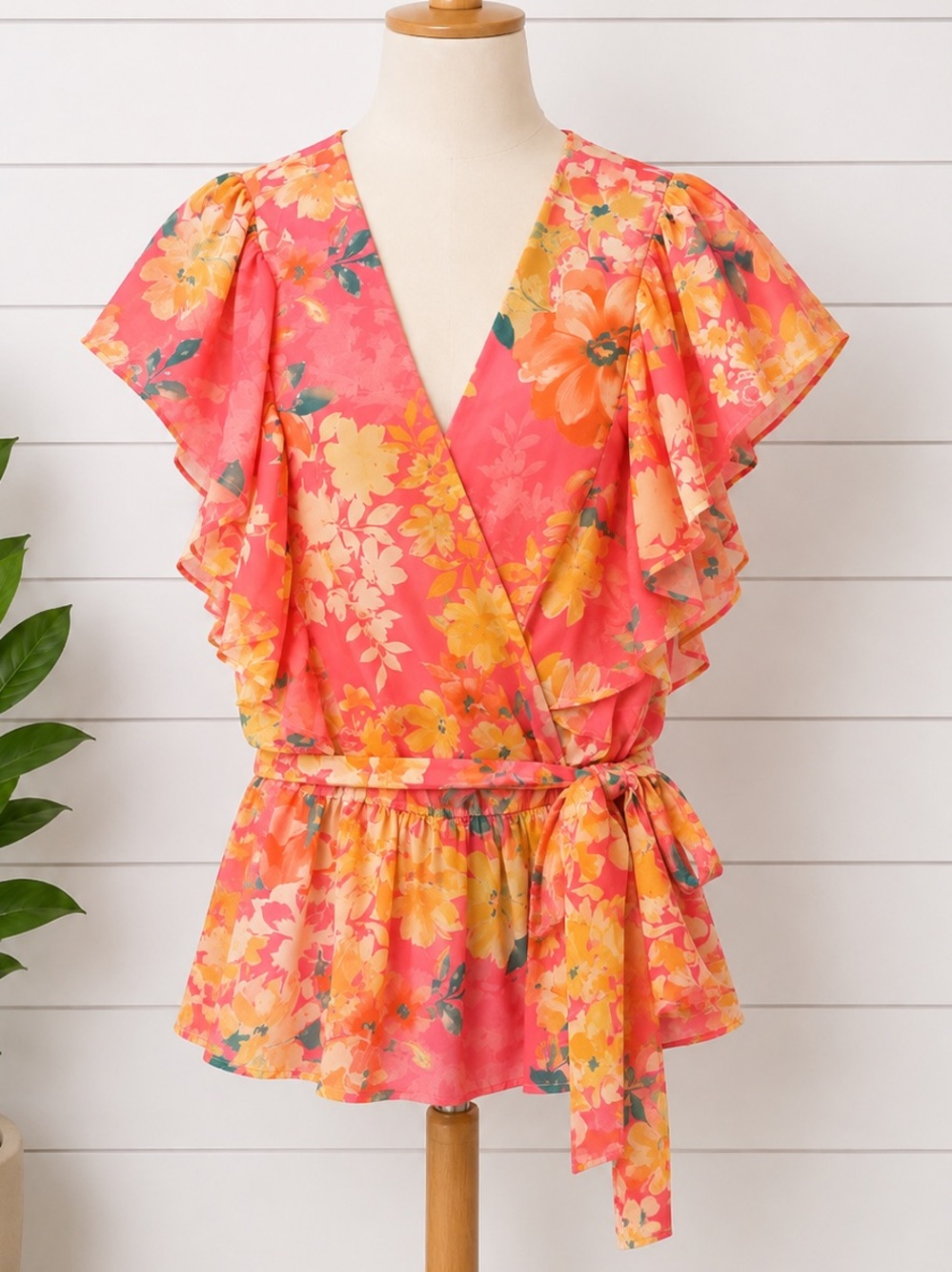 Flying Tomato Floral Peplum Top Small Pink Orange Ruffle Wrap Tie Waist